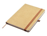 A tan A5 notebook with a brown elastic band and ribbon bookmark, featuring a plain cover and no visible branding.