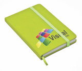 A green notebook with a textured cover and an elastic band, featuring a logo on the front.