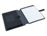 A black and charcoal A4 portfolio with an interior lined notepad and slots for cards or documents.