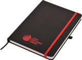 A black A5 notepad with a red elastic band, featuring a logo on the cover.