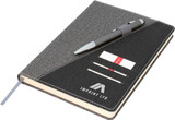A black and grey A5 notebook featuring a pen, card slots, and a logo on the cover.