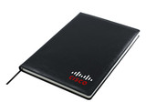 A black A4 notebook with a textured cover and a logo. It features a ribbon marker and is blank inside.