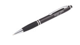 A black stylus pen with a grip and a silver clip, featuring a branding logo.