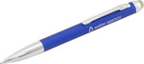A blue stylus pen with a silver clip and tip, featuring branding on the barrel.