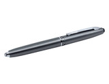 A sleek grey stylus pen with a silver clip and branding, featuring a torch at the end.