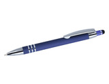 A navy blue stylus pen with a chrome finish and black rubber tip, featuring a branding logo.