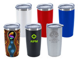 A set of six travel mugs in various colours including white, red, blue, silver, black, and a patterned design. Each mug has a lid and one contains a logo.