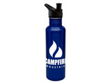A drink bottle in navy blue with a black lid and a logo on the front.