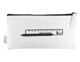 A white pencil case featuring a graphic of a ruler and pen, with a black zip and logo on the side.