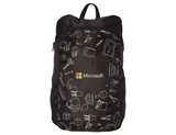 A black fold-up backpack featuring white sketches and a logo, ideal for promotional use.