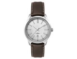 A silver watch with a minimalist face and a brown leather strap, featuring a logo on the dial.