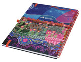 A vibrant A4 side-bound notebook with a colourful, artistic cover design and a logo. It features a red spiral binding.