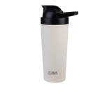 A drink bottle featuring a sleek white body and a black lid with a logo on the front.
