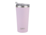 A drink bottle in pastel pink with a stainless steel rim and a clear lid, featuring a logo on the front.