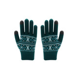 A pair of teal Jacquard gloves featuring a snowflake pattern in white and grey fingertips. The gloves have a knitted design.