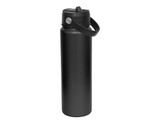 A drink bottle in matte black with a spout top and a carry handle, featuring a logo.