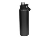 A drink bottle in matte black with a stainless steel screw cap and a handle. It features a logo on the side.