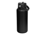 A drink bottle featuring a sleek black design, equipped with a spout and a carrying handle. Contains branding.