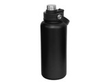 A drink bottle with a sleek black finish and a screw cap lid, featuring a carrying handle and a branding logo.