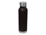 A drink bottle in black with a stainless steel base and lid, featuring a carry handle.
