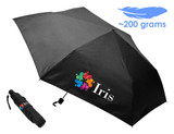 A black pocket umbrella with a floral logo and a compact design for easy storage. Weighs approximately 200 grams.