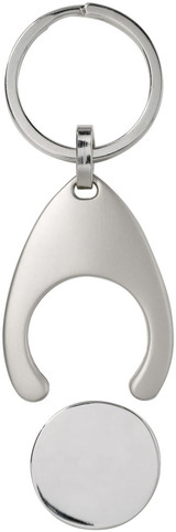 A silver metal keyring featuring a shopping trolley coin holder attached. The design is sleek and modern.