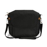 A black messenger bag with a flap, featuring brown accents and adjustable strap. Includes side pockets and branding.