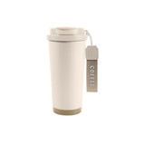 A double wall stainless steel coffee mug in white with a beige base and a tag labelled "coffee." It has a lid and a logo.