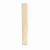 A bamboo hand fan in a natural beige colour, featuring slender slats and a simple design with a logo.