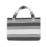 A foldable beach towel bag in grey and white stripes, featuring handles and a logo. Ideal for leisure and outdoor activities.