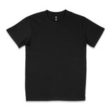 A black T-shirt featuring a round neckline, short sleeves, and a label inside the collar.