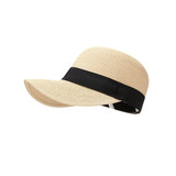 A straw cap featuring a wide-brimmed design with a black ribbon band. The overall colour is a natural straw hue.