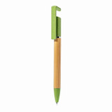 A bamboo and wheat straw eco ball pen in green and natural tones, featuring a matching holder.
