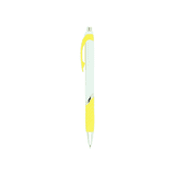 A push-action ballpoint pen with a white body and yellow rubber grip, featuring a clip and a branding logo.