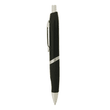 A black metal pen with a rubber grip and a chrome clip, featuring a push-button mechanism.