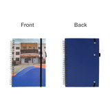 A5 wiro-bound notebook featuring a photographic front cover and a solid blue back cover, complete with branding.