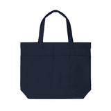 A navy tote bag featuring three pockets and two handles, with a simple design and a logo.