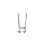 A clear glass shot glass with a thick base, ideal for serving drinks. The image features a simple, elegant design.