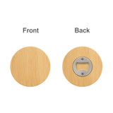 A round bamboo coaster features a bottle opener on one side and a smooth bamboo surface on the other.
