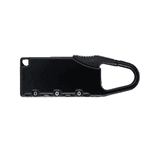 A black travel padlock with a carabiner clip and combination dials for setting a code.