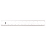 A clear plastic 30cm ruler featuring measurement markings and a branding logo. Suitable for office or educational use.