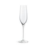 A clear glass champagne flute with a tall, slender design and a sturdy base, featuring a simple logo.