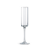 A straight champagne flute in clear glass with a tall, slender stem and a wide bowl. It features a logo.