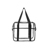 A clear tote hand bag with black straps, featuring a zip closure and an open design. It has a logo on the side.