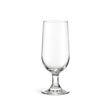 A clear glass goblet with a fluted design and a sturdy stem. It has a smooth surface and no visible branding.
