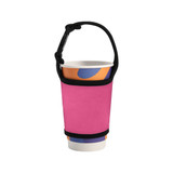 A drink bottle sleeve in bright pink, designed to fit around a cup, featuring a handle and a logo.