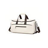 A cream-coloured convertible backpack duffel garment bag with brown accents and multiple zippered compartments.