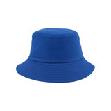 A blue cotton bucket hat with a wide brim and a rounded crown, featuring a logo.