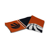 A custom knitted scarf featuring orange, black, and white designs, including a basketball motif and a logo.