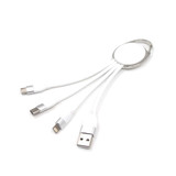 A white 3 in 1 charging cable with a silver keyring and multiple connectors for different devices.